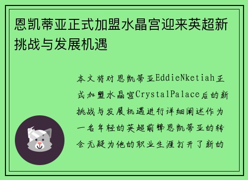 恩凯蒂亚正式加盟水晶宫迎来英超新挑战与发展机遇